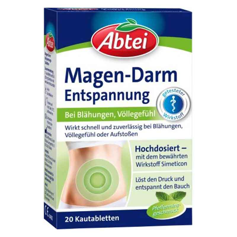 Abtei-magen-und-darm1-1 قراص قابلة للمضغ لاسترخاء الجهاز الهضمي، 20 قطعة Abtei
