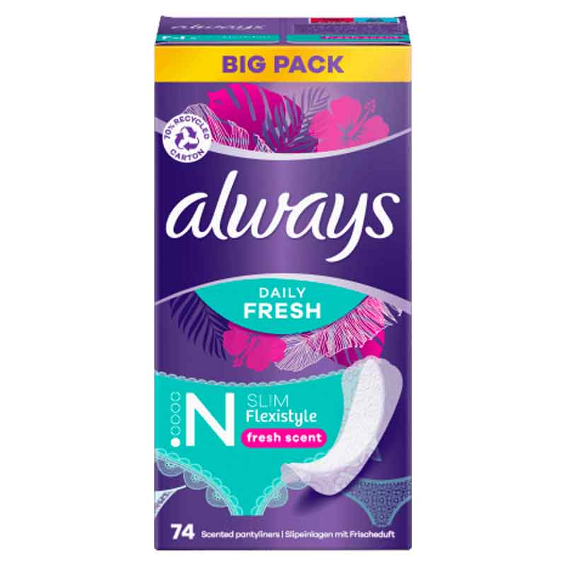 فوط يومية Daily Fresh Slim Flexistyle برائحة منعشة، 74 قطعة Vaginal (Always)
